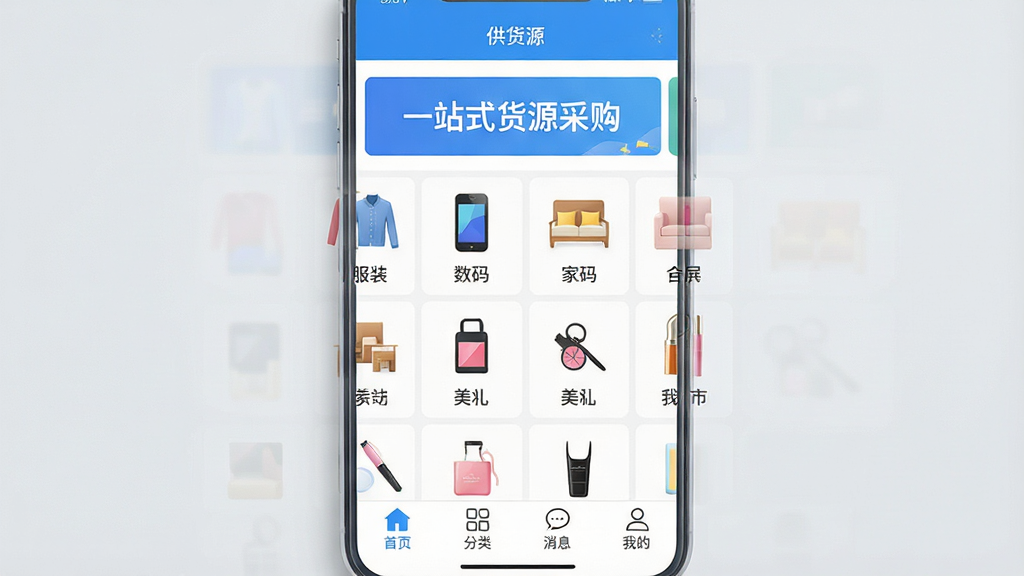 �ֻ���Ļչʾ������Դ��Ӧ�������棬���涥�����д�š�һվʽ��Դ�ɹ������м�����������Ʒ��������ͼ�꣬������װ�����롢�Ҿӡ���ױ�ȣ��ײ�����������ҳ�����ࡢ��Ϣ���ҵ��ĸ�ѡ���������ɫΪ�ɾ������׷�񣬱���Ϊǳ��ɫ���������������沼�����룬�޶���װ��Ԫ��