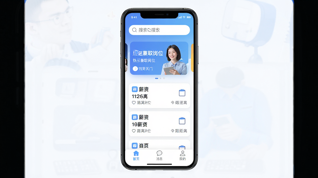 ���ռ�ְAPP������ȫòչʾ��������һ�������ֻ����棬���ִ��ϵ�������Ϊ�������������м��ֲ�ͼչʾ���ż�ְ��λ���·��ٲ�����λ��Ƭ�б���ÿ����Ƭ�ϱ�עн�ʺ;��룬�ײ�Ϊ��ҳ����Ϣ���ҵ�����������ǩ���������ִ���ƽ����ƣ���ɫ��Ϊ���µ����׽��䣬ϸ�ڴ���Բ�󣬻��ʸɾ��������޶���װ��Ԫ��