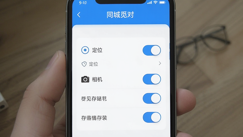 һ��չʾͬ���ٶ�App��װ���ý����ͼƬ��������һ���ֻ���Ļ����ʾȨ������ҳ�棬ҳ�����ж�λ��������洢��Ȩ�޿��أ���Ļ�Ϸ���ʾ��ͬ���ٶԡ�������������Ϊ��ƽ��UI��ƣ�ɫ���԰�ɫ����ɫΪ��������ɾ��������޶���Ԫ��