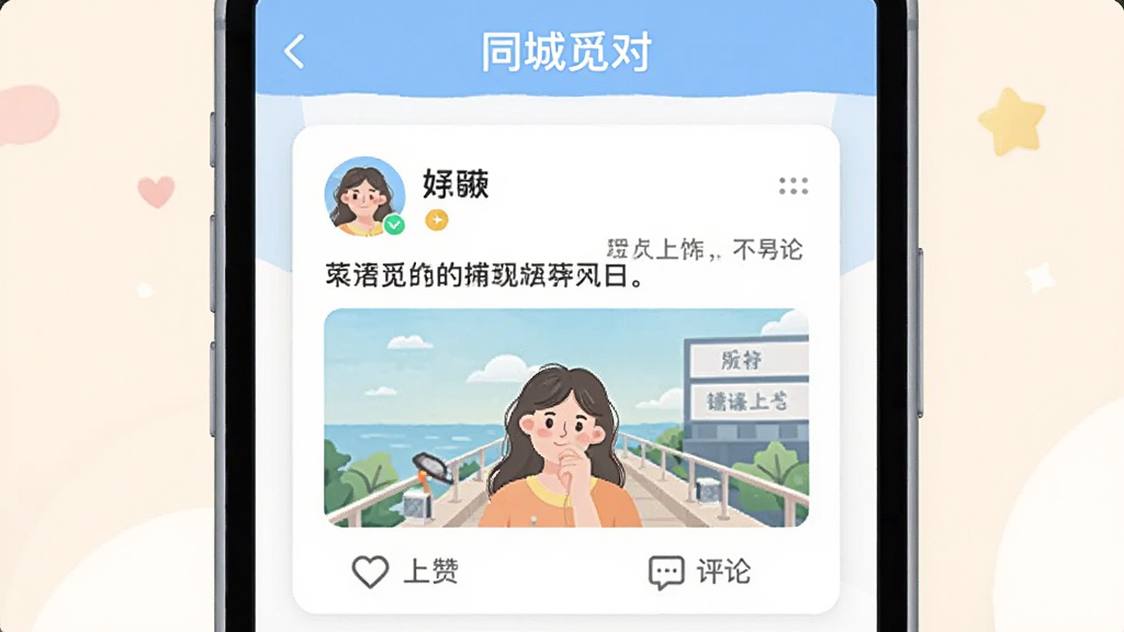 һ��չʾͬ���ٶ�App��̬�㳡�����ͼƬ��������һ���ֻ���Ļ����ʾ�û������Ķ�̬��Ƭ����Ƭ�����û�ͷ���ǳơ��������ݺ�ͼƬ���·��е��޺�����ͼ�꣬��Ļ�Ϸ���ʾ��ͬ���ٶԡ�������������Ϊ��������Ĳ廭�磬ɫ����ͣ����ʸɾ����޶���Ԫ��