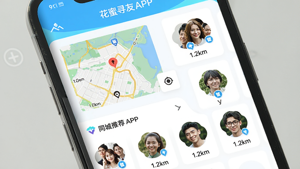 ����Ѱ��APP��ͬ���Ƽ�ҳ��ϸ��ͼ���ֻ���Ļ��д����������ʾ��ͼ����ͼ�͸����û�ͷ���б���ͷ���·���ע�����硰1.2km��������ɫ������������������������£����ʸɾ����޶���Ԫ��