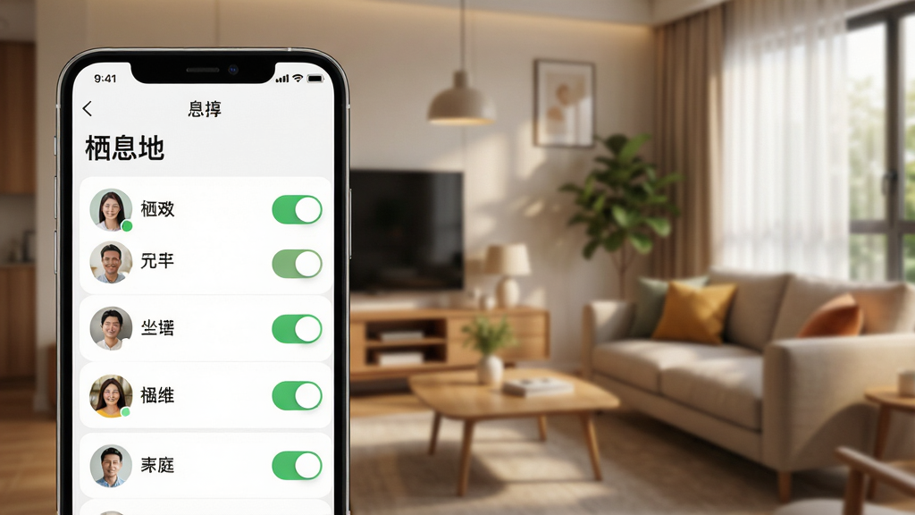 һ��չʾ�豸����Ȩ�����õĽ���ͼ���������ֻ���Ļ��ʾ����Ϣ�ء�APP���豸����ҳ�棬ҳ�����м�ͥ��Ա��ͷ������֣��Ա���Ȩ�޿��أ��硰�������Ƶƹ⡱�������鿴����ͷ���������Ǽ�ͥ�����������ܰ�ִ�������������������ʾ����Ϣ�ء��͡�������������