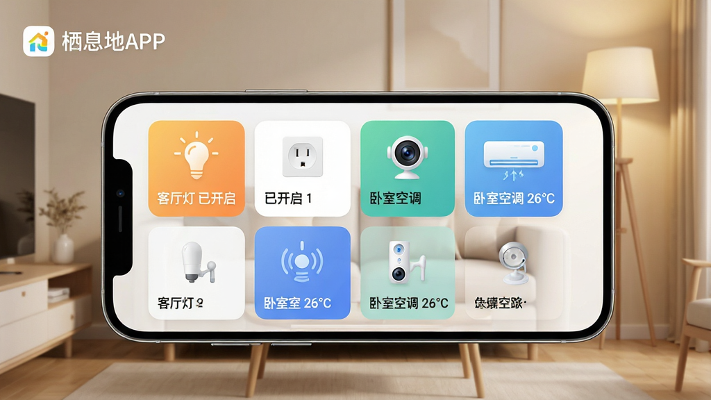 һ��չʾ���ܼҾ��豸ͳһ�����Ļ��棬������һ���ֻ�������ʾ����Ļ�������Ÿ��������豸�Ŀ�Ƭ����Ƭ���е��ݡ�����������ͷ���յ���ͼ�꣬ÿ����Ƭ�·���ʾ�豸״̬�硰������ �ѿ����������ҿյ� 26�桱���ֻ���������ܰ�Ŀ�����������ɳ������صơ����Ϊ�ִ��Ƽ��У�ɫ����ͣ�����ɾ����࣬�������������С���Ϣ�ء�APP�ı�ʶ��