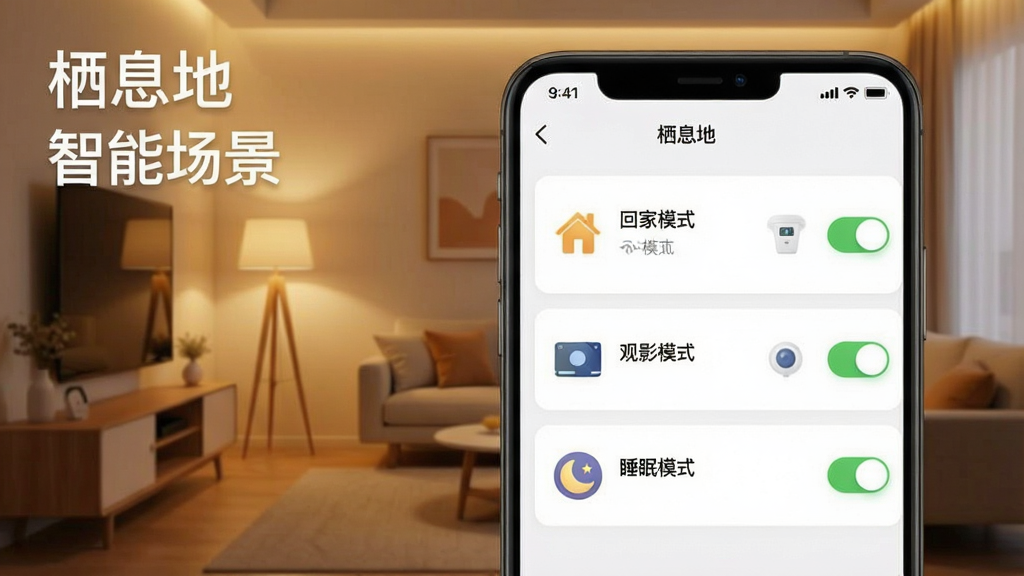 һ��չʾ���ܳ������õĽ���ͼ���������ֻ���Ļ��ʾ����Ϣ�ء�APP�ĳ����༭ҳ�棬ҳ�����С��ؼ�ģʽ������Ӱģʽ����˯��ģʽ����ѡ�ÿ��ģʽ�Ա��ж�Ӧ���豸ͼ��Ϳ���״̬����������ܰ�ļ�ͥ��������ůɫ�ƹ⣬����Լ�ִ�������������������ʾ����Ϣ�ء��͡����ܳ�������