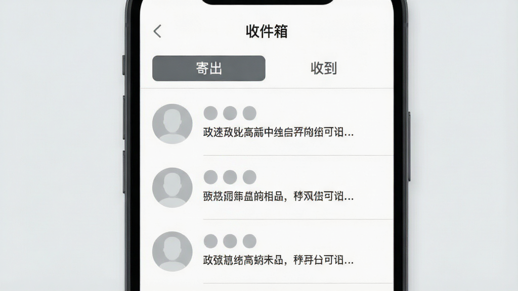 名字信箱 收件箱界面 手机屏幕展示 列表式布局 每封信显示发件人匿名头像和信件摘要 顶部有“寄出”和“收到”两个标签页 背景为浅灰色 文字清晰 扁平化设计风格 画质干净无多余元素