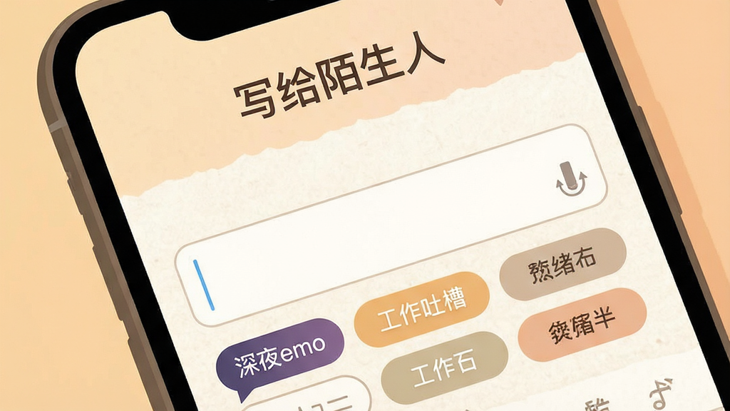 名字信箱 写信界面 手机屏幕特写 信纸纹理背景 顶部有“写给陌生人”字样 下方是文字输入框和情绪标签选择按钮 标签包括“深夜emo”“工作吐槽”等 整体色调温暖柔和 扁平化UI风格 画质干净无多余元素