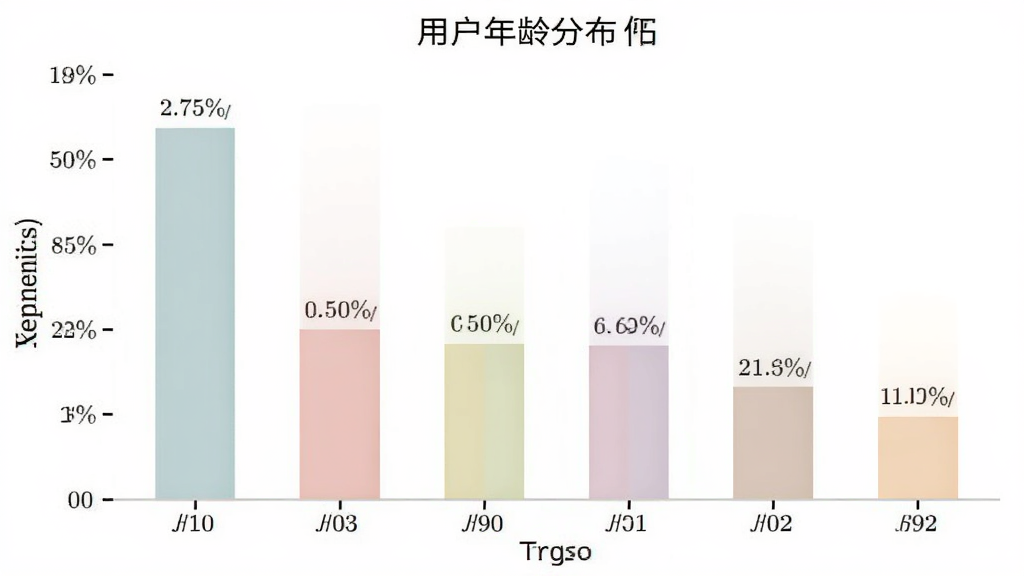 名字信箱 用户年龄分布柱状图 横轴为年龄段 纵轴为占比 柱体颜色柔和 标注各年龄段百分比 背景干净 扁平化图表风格 画质清晰无多余元素