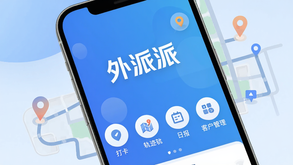 手机屏幕显示外派派应用主界面,蓝色渐变背景,中央是醒目的“外派派”Logo,下方排列着打卡、轨迹、日报、客户管理四个圆形功能图标,周围环绕定位标记和地图路线元素,风格现代扁平,画质干净无多余元素