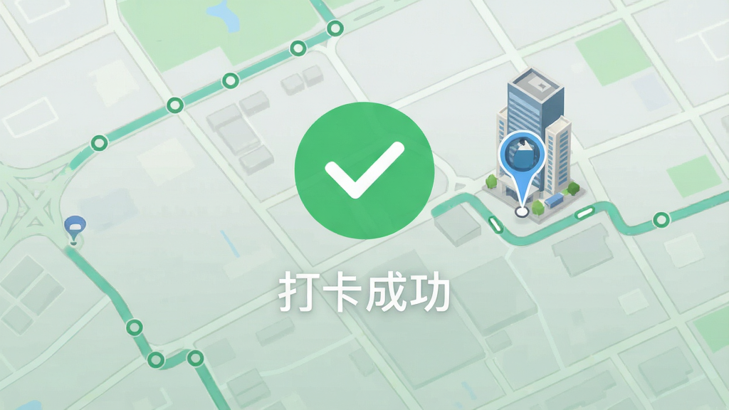 外派派应用内打卡成功界面截图风格,绿色对勾图标居中,下方显示“打卡成功”文字,背景是城市地图路线,定位光标精准落在目标建筑上,整体色调清爽,画质干净无多余元素