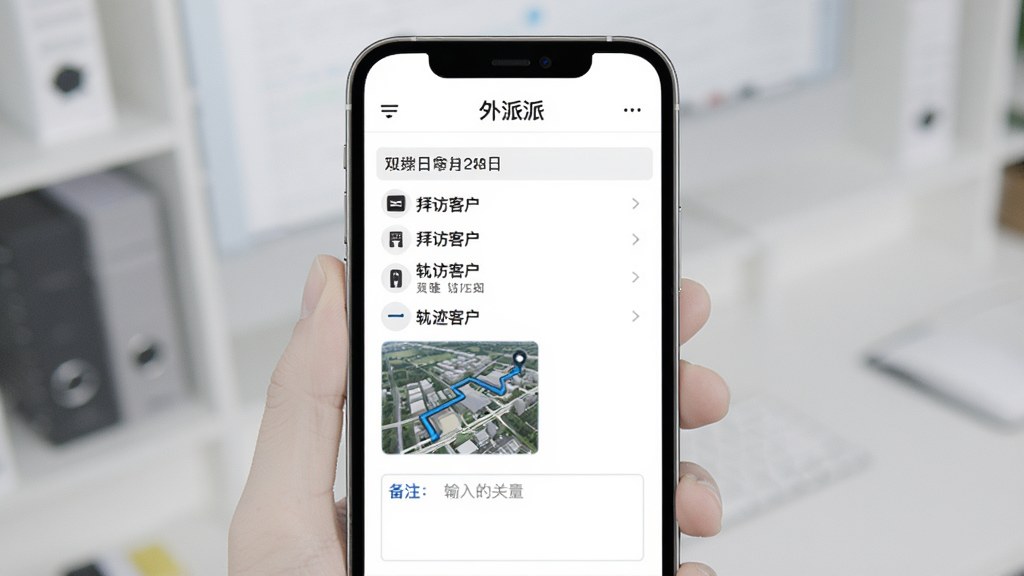 外派派应用内日报自动生成界面,手机屏幕显示一份已排版好的日报文档,包含日期、拜访客户列表、轨迹路线缩略图、备注输入框,顶部有“外派派”字样,风格简洁商务,画质干净无多余元素