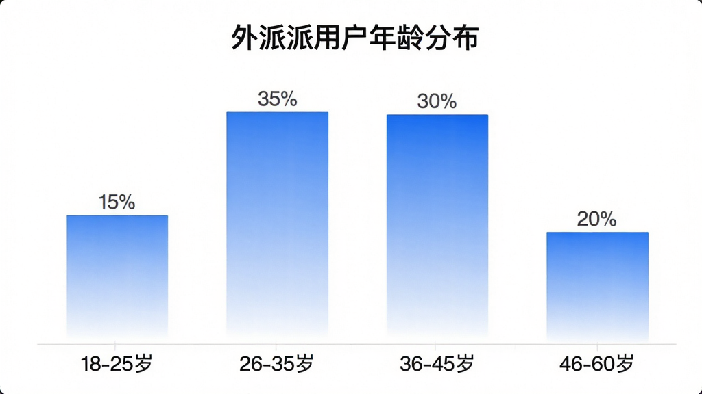 柱状图显示外派派用户年龄分布,18-25岁占15%,26-35岁占35%,36-45岁占30%,46-60岁占20%,图表标题为“外派派用户年龄分布”,配色为蓝白渐变,画质干净无多余元素