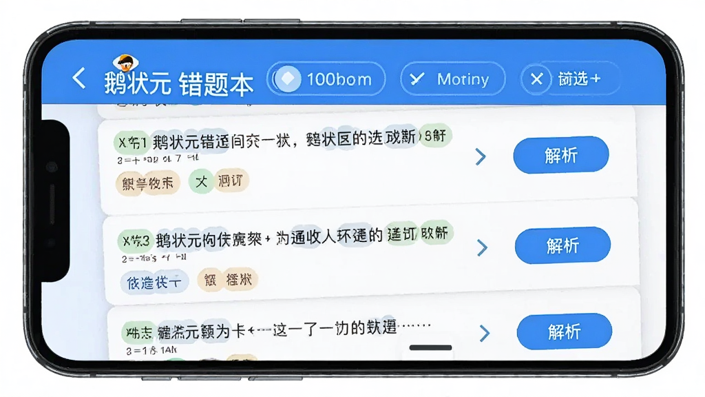 一张展示“鹅状元”错题本界面的图片,画面中手机屏幕上显示错题列表,每道题旁边有标签和解析按钮,顶部有筛选选项,整体布局整洁,蓝白配色,文字清晰,画质干净无多余元素