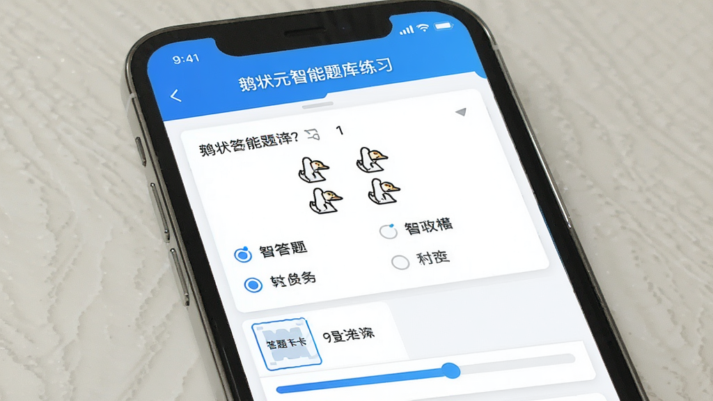 一张展示“鹅状元”智能题库练习界面的图片,画面中手机屏幕上显示着一道选择题和四个选项,下方有答题卡和进度条,界面风格清爽,蓝白配色,文字清晰,画质干净无多余元素