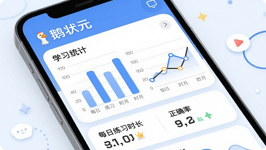 一张展示“鹅状元”学习进度追踪界面的图片,画面中手机屏幕上显示柱状图和折线图,图表标题为学习统计,下方有每日练习时长和正确率数据,整体风格现代扁平,蓝白配色,细节圆润,画质干净