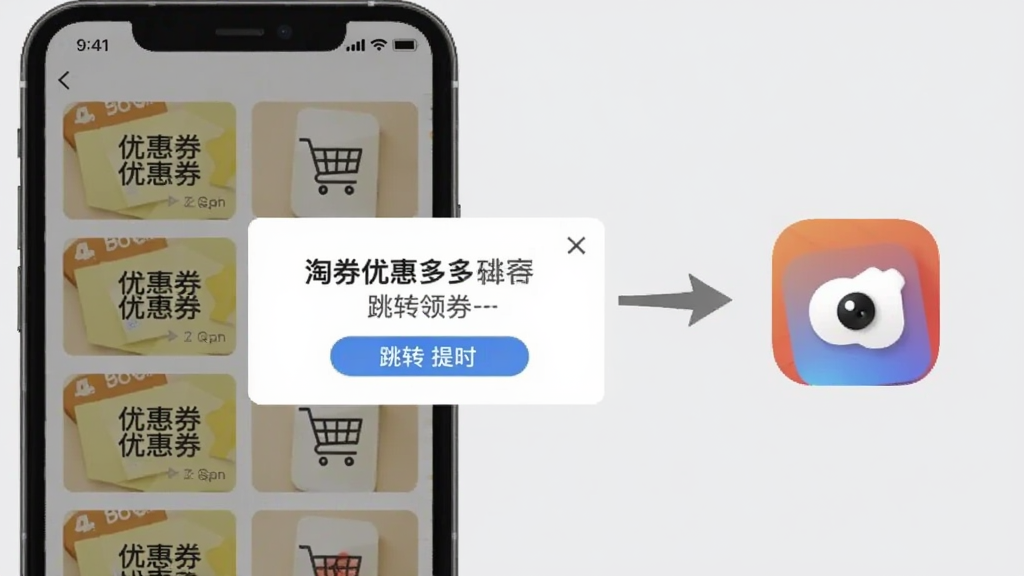 淘券优惠多多 跳转领券示意图,画面展示手机屏幕从优惠券列表点击后弹出跳转提示,箭头指向另一个电商应用图标,背景为浅灰色,风格流程示意图,排版清晰,细节简洁,画质干净,无多余文字说明