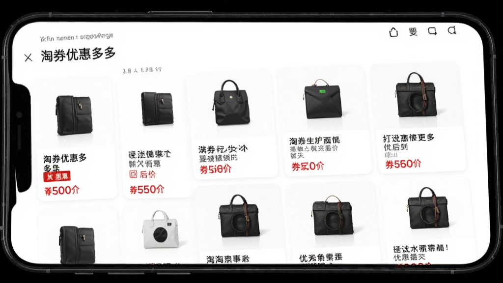 淘券优惠多多 每日精选页面,手机屏幕显示商品瀑布流布局,每张商品卡片包含实物图、商品标题、优惠标签、券后价,卡片排列整齐,背景为白色,风格清爽电商风,细节干净,画质明亮,无杂乱元素