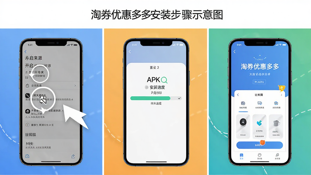 淘券优惠多多 安装步骤示意图,画面分为三格,第一格展示手机设置中开启未知来源权限,第二格展示APK安装进度条,第三格展示应用打开后的首页,风格为教程图解,排版清晰,配色简洁,画质干净,无多余装饰