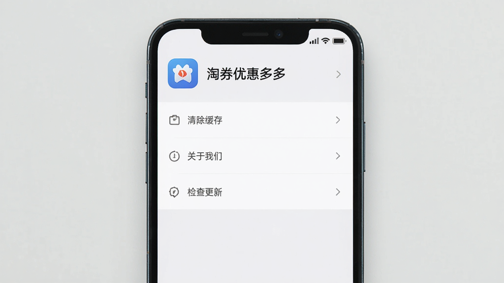 淘券优惠多多 应用设置页展示,手机屏幕显示设置选项列表,包含清除缓存、关于我们、检查更新等条目,界面顶部有应用图标和名称,风格极简,配色为白底灰字,排版整齐,画质清晰,无多余图标装饰