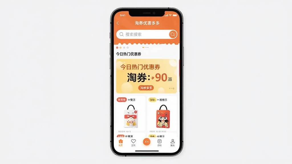 淘券优惠多多 应用主界面截图风格,画面中央展示一部智能手机,手机屏幕内显示 淘券优惠多多 的首页,顶部有搜索框,中间是今日热门优惠券卡片,底部是导航栏,整体布局简洁,排版清晰,风格现代扁平化,细节圆润,画质干净,无多余元素