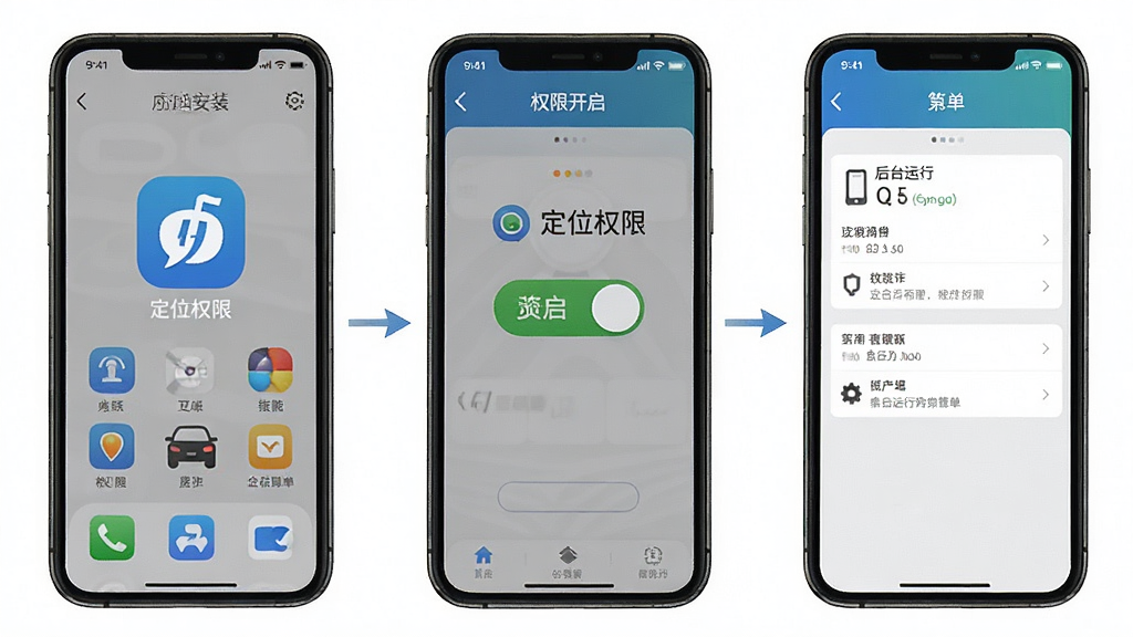 一张GPS电子狗安装设置流程图,画面展示手机屏幕从应用安装到权限开启的步骤,包含定位权限开关、后台运行白名单设置界面,布局分步清晰,风格简洁教程风,细节明确,画质干净,无多余元素