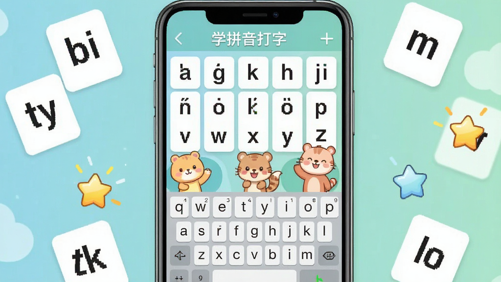 一张展示“学拼音打字”软件核心全貌的图片,画面中央是手机屏幕,屏幕里显示着拼音字母表、打字练习键盘和可爱的卡通小动物形象,背景是柔和的蓝绿色调,周围散落着拼音卡片和星星奖励图标,风格清新童趣,画质干净明亮,无多余元素。