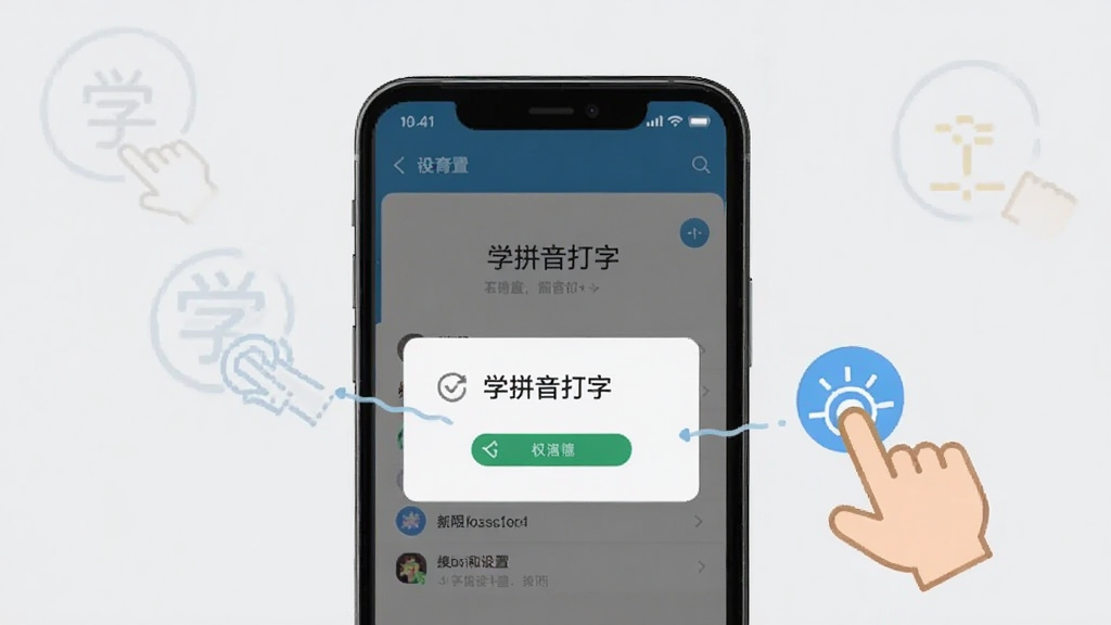 一张展示“学拼音打字”在手机上安装和权限设置的示意图,画面主体是一部手机,屏幕上显示着权限请求弹窗和设置菜单,旁边有手指点击的图标,背景是浅灰色,风格简洁明快,画质干净,无多余元素。