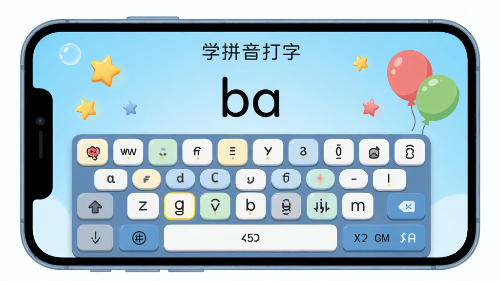 一张展示“学拼音打字”软件打字跟练模式的AI生图,画面主体是手机横屏界面,屏幕上半部分显示拼音“ba”,下半部分是高亮的虚拟键盘按键,屏幕边缘有星星和彩色气球飘动,背景是浅蓝色渐变,风格扁平卡通风,细节圆润,画质干净,无多余元素。