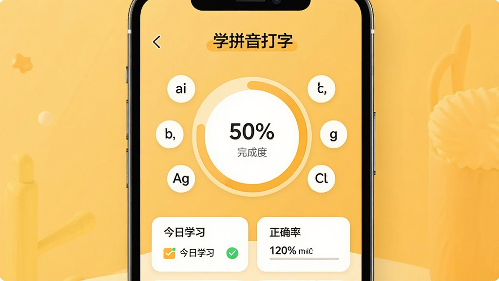 一张展示“学拼音打字”学习进度记录界面的AI生图,画面主体是手机屏幕,屏幕中央是一个圆环进度条,周围环绕着拼音字母图标和完成度百分比数字,下方有“今日学习”和“正确率”两个小卡片,背景是暖黄色调,风格简洁现代,画质干净,无多余元素。