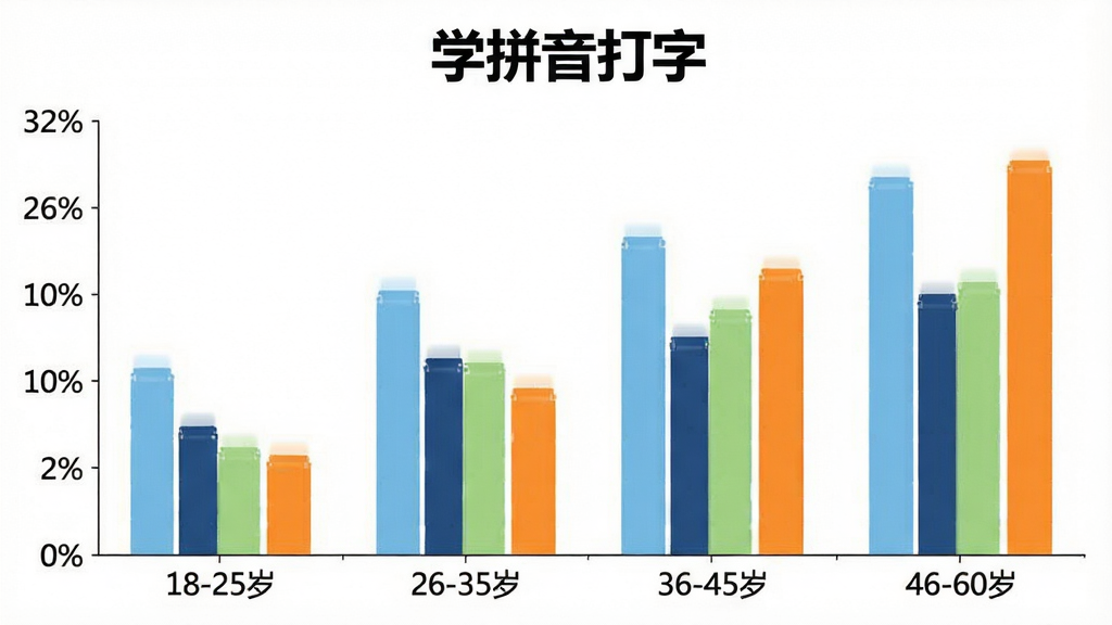 一张展示“学拼音打字”用户年龄分布的柱状图,横轴是年龄段“18-25岁”“26-35岁”“36-45岁”“46-60岁”,纵轴是用户占比百分比,柱子颜色分别为浅蓝、深蓝、浅绿、橙色,背景白色,风格简洁数据可视化,画质干净,无多余元素。