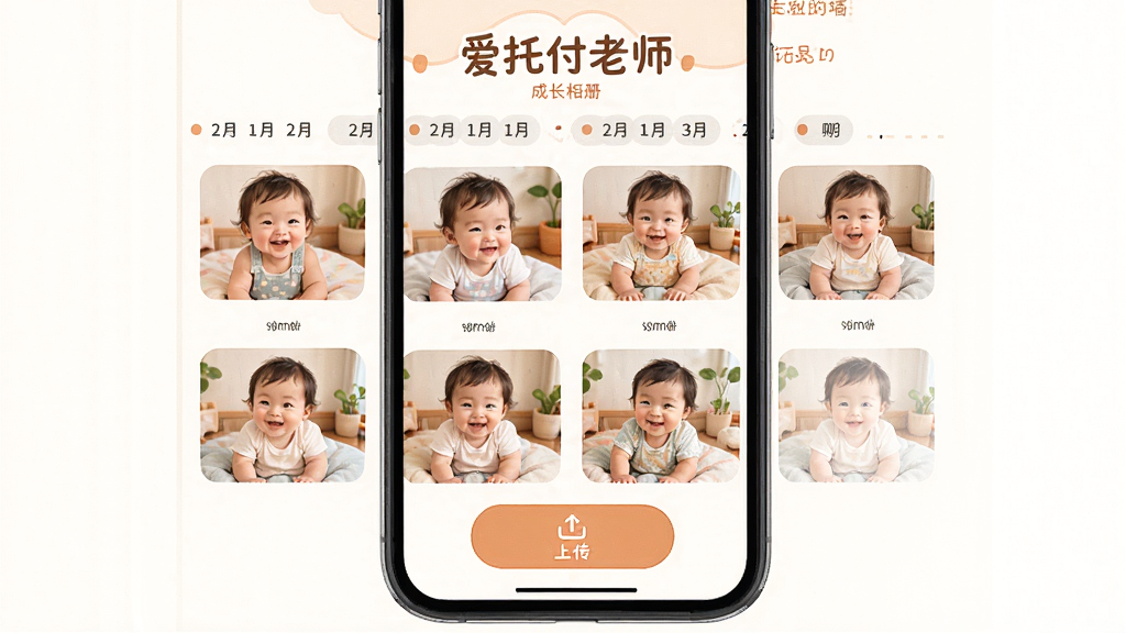 爱托付老师 成长相册功能界面 手机屏幕显示 宝宝在园活动照片墙 按日期自动分类 底部有上传按钮 界面温馨 暖色调 卡通插画风格 高清画质 干净无多余元素