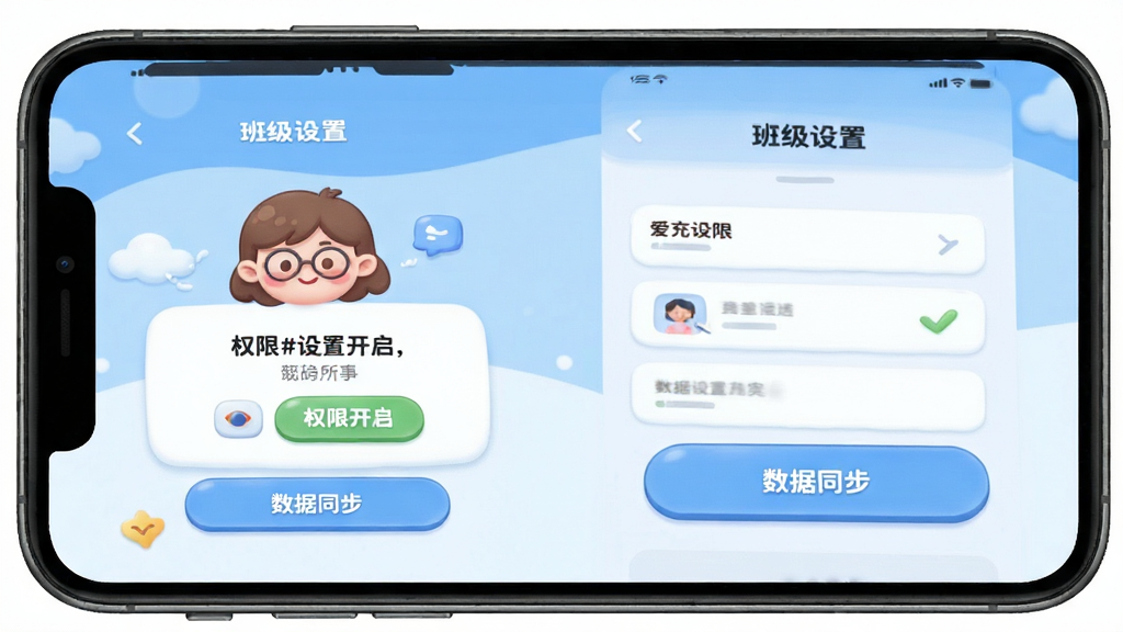 爱托付老师 新手设置引导界面 手机屏幕显示 权限开启提示 班级设置页面 数据同步按钮 卡通风格 蓝色调 布局清晰 高清画质 干净无多余元素