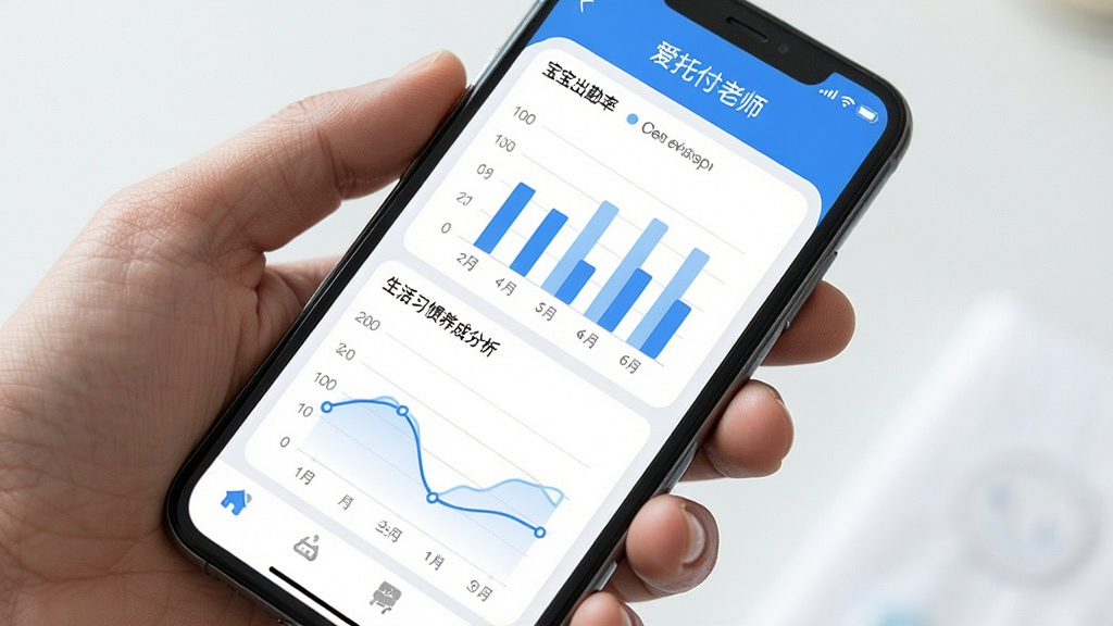 爱托付老师 数据统计与成长报告 界面展示 手机屏幕显示 柱状图 曲线图 宝宝出勤率 生活习惯养成分析 简洁现代 蓝色主色调 数据可视化清晰 高清画质 干净无多余元素