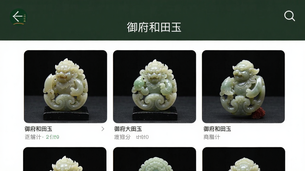 一张手机界面展示“御府和田玉”App的商家作品展示页,页面顶部标题为“御府和田玉”,中间是玉雕大师作品图片和商家店铺入口,布局为网格展示,风格为电商展示类,细节上玉雕作品精致,店铺头像清晰,排版整齐,画质干净,无多余元素。