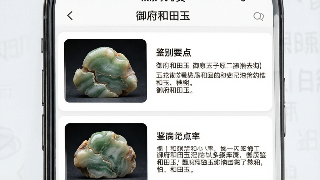 一张手机界面展示“御府和田玉”App的玉石鉴赏知识库页面,页面顶部标题为“御府和田玉”,中间是图文混排的文章列表,左侧是和田玉原石图片,右侧是鉴别要点文字说明,布局为上下滑动卡片式,风格为知识科普类,细节上图片清晰展示玉石纹理,排版干净,画质清晰,无多余元素。