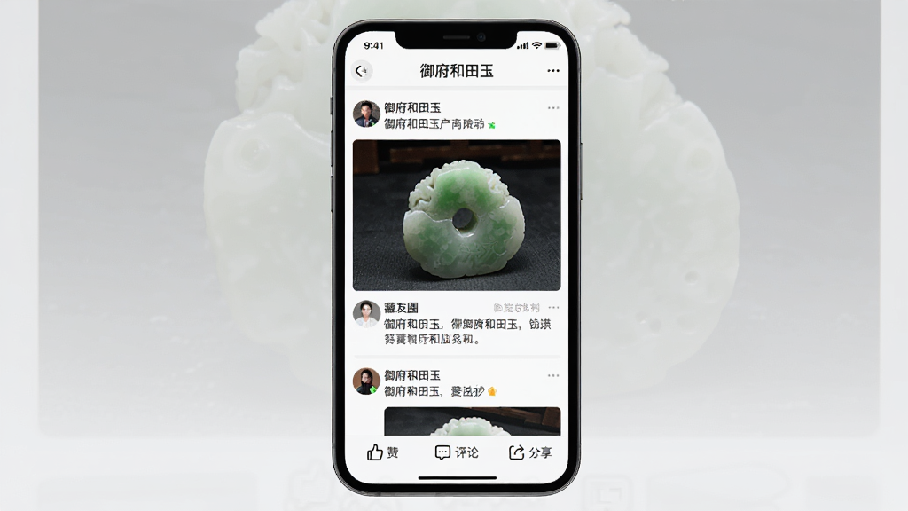 一张手机界面展示“御府和田玉”App的藏友圈动态页面,页面顶部标题为“御府和田玉”,中间是用户发布的玉石照片和文字动态,底部有点赞、评论、分享按钮,布局为社交信息流,风格为社区互动类,细节上头像和玉器图片排列自然,排版舒适,画质干净,无多余元素。