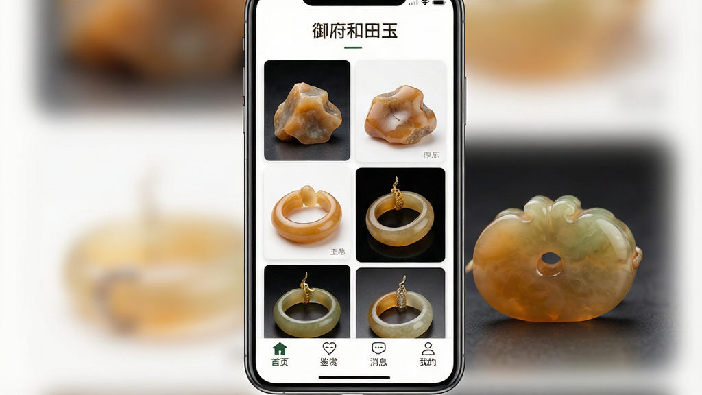 一张手机屏幕展示玉石社区App主界面,界面顶部有“御府和田玉”文字标识,中间是各种和田玉原石和成品手镯的图片瀑布流,底部有首页、鉴赏、消息、我的四个图标按钮,整体布局清晰,排版整齐,风格为现代简约风,细节上玉器图片温润有质感,画质干净,无多余元素。