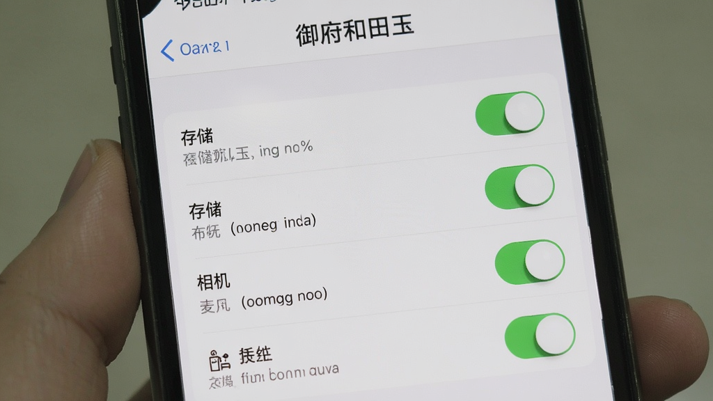 一张手机屏幕展示“御府和田玉”App的权限设置界面,页面顶部标题为“御府和田玉”,中间是存储、相机、麦克风等权限开关列表,布局为设置菜单式,风格为系统工具类,细节上开关按钮清晰,文字说明明确,排版整齐,画质干净,无多余元素。