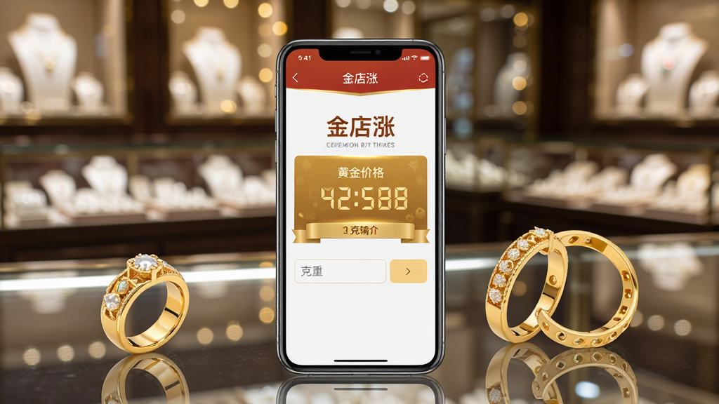 һ���ֻ������鱦���̨�ϣ���Ļ��ʾ������ǡ�Ӧ�õĽ�ۻ�����棬������������Ŀ�Ļƽ�۸����ֺͿ���������Ա��н��ָ�ͽ�������Ϊװ�Σ�������ģ�����鱦չ��ƹ⣬�������������дʵ�����ʸɾ��޶���Ԫ��
