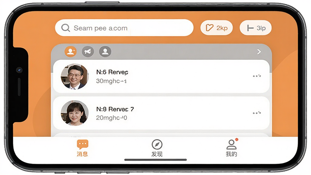 本地中年交友 手机App主界面截图,画面中央展示附近用户列表按距离排序,顶部有搜索栏和筛选按钮,底部为消息、发现、我的三个选项卡,整体配色为温暖的橙灰色调,界面干净无广告弹窗,风格简洁现代,细节圆润,画质清晰,无多余元素