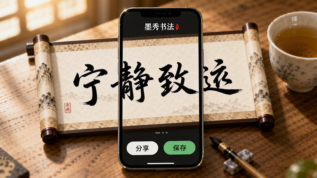 һ��չʾ�鷨��ϰ�ɹ���ͼƬ�������С�ī���鷨��App��ʾһ����ɵ���Ʒ������Ϊ���顰������Զ���ĸ��֣���Ʒ��װ���ڷ¹ž��ᱳ���У��·��з�����ť�ͱ��水ť���ֻ�����ľ�������ϣ��Ա���һ���裬���������ů��������£����ʸɾ��޶���Ԫ��