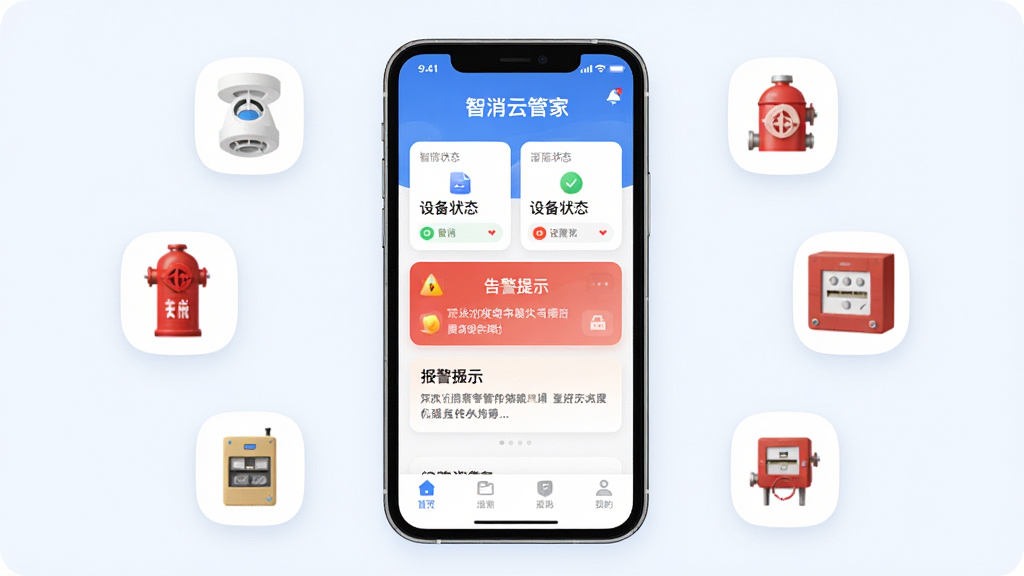 �����ƹܼ���������ȫòչʾͼ������������һ���ֻ����ֻ���Ļ��ʾ�����ƹܼ�APP�����棬���涥���С������ƹܼҡ����ֱ��⣬�м����豸״̬��Ƭ�͸澯��ʾ���ײ��ǵ��������ֻ���Χ����������������������˨������������Сͼ�꣬���ֲ��þ��й�ͼ���Ű����������Ϊ�ִ��Ƽ���ƽ����ϸ��Բ�󣬻��ʸɾ����޶���Ԫ��