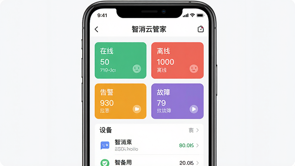 �����ƹܼ��豸״̬��������չʾͼ������������һ���ֻ�����Ļ����ʾ�����ƹܼ�APP���豸״̬ҳ�棬ҳ�涥���С������ƹܼҡ����֣��м������Ų�ɫ��Ƭ�ֱ��ע���ߡ����ߡ��澯�����ϵ��������·����豸�б�������Ϊ�����ֻ�չʾ���Ű��࣬���Ϊ��ƽ��UI��ƣ�ϸ�����������ʸɾ����޶���Ԫ��