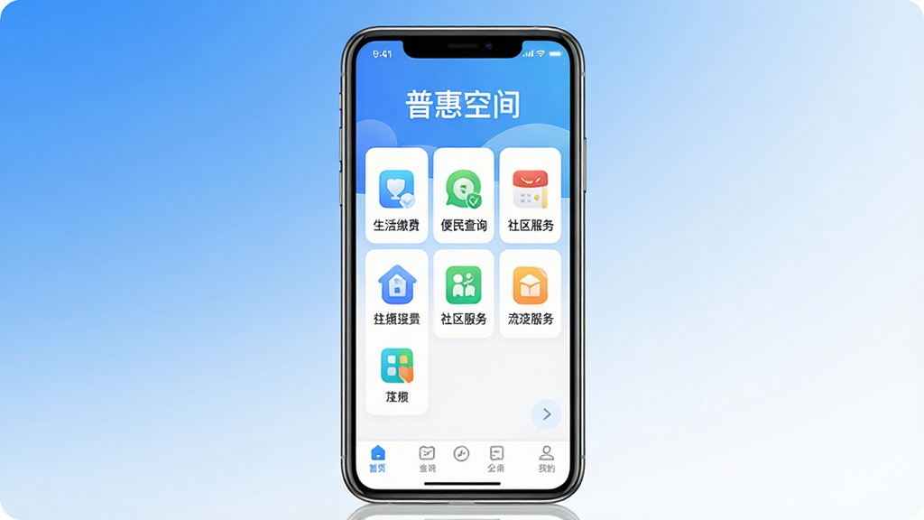 一张展示普惠空间软件核心全貌的图片,画面中央是手机屏幕,屏幕上显示普惠空间APP的主界面,界面顶部有“普惠空间”四个字,中间是功能图标网格,包括生活缴费、便民查询、社区服务等,底部导航栏清晰,背景是蓝白渐变色调,风格简洁现代,画质干净,无多余元素。