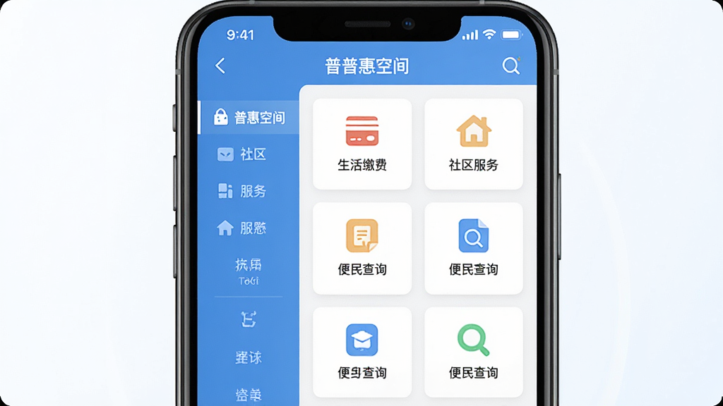 普惠空间应用内页展示图,画面主体是一部手机,屏幕上显示普惠空间的一站式便民服务大厅界面,左侧竖排菜单栏,右侧是卡片式服务入口,包含“生活缴费”“社区服务”“便民查询”等图标,背景干净,光线明亮,风格扁平化,画质清晰,无多余装饰元素。