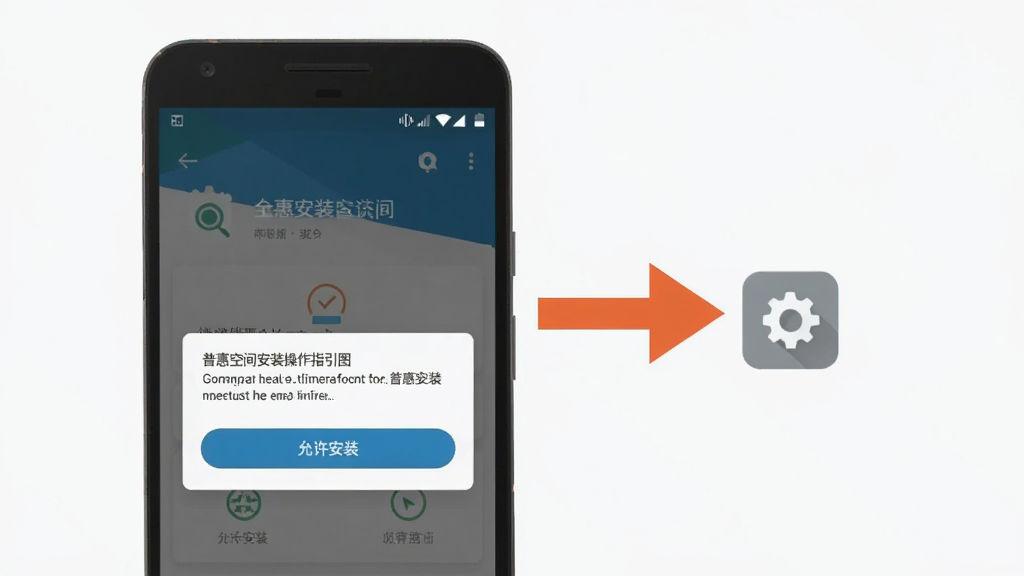 普惠空间安装操作指引图,画面中一部安卓手机显示安装界面,屏幕上有“允许安装”按钮和权限提示弹窗,旁边有箭头指向设置图标,背景简洁,风格扁平化,画质清晰,无多余元素。