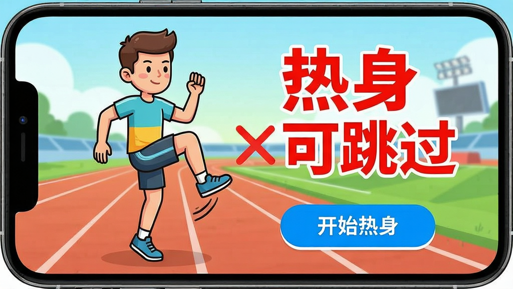 һ��չʾ�����˶�Appѵ��ǰ��������ҳ����ֻ���ͼ����Ļ����һ����ͨ������������̧�ȶ������Ա��к�ɫ��Ŀ�����֡������������������·��С���ʼ��������ť���������˶����ܵ������������죬���������ɾ�