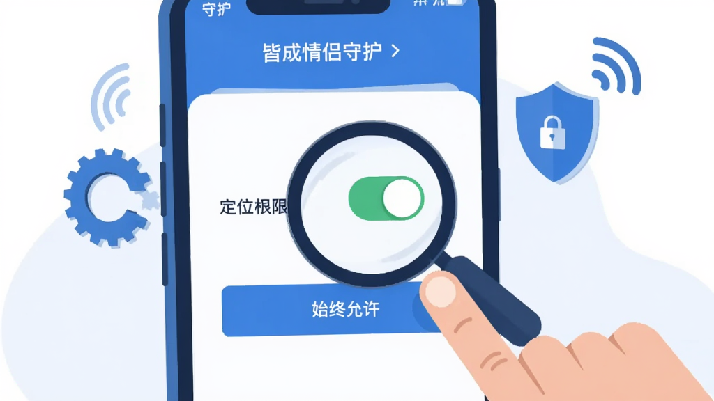 一部手机屏幕显示皆成情侣守护的权限设置页面,旁边有手指正在点击“始终允许”定位权限的按钮。画面中有放大镜聚焦在权限开关上,周围有齿轮、盾牌和信号图标。风格为扁平化UI插画,颜色以蓝白为主,画质干净,无多余元素。