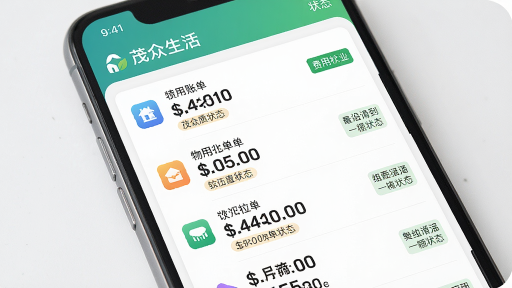 一张展示“茂众生活”App物业账单界面的图片,主体是手机屏幕显示费用明细列表,布局是账单列表从上到下排列,排版上每项费用前面有彩色小图标,风格是清爽的商务风,细节上金额数字醒目、状态标签清晰,画质干净,无多余元素