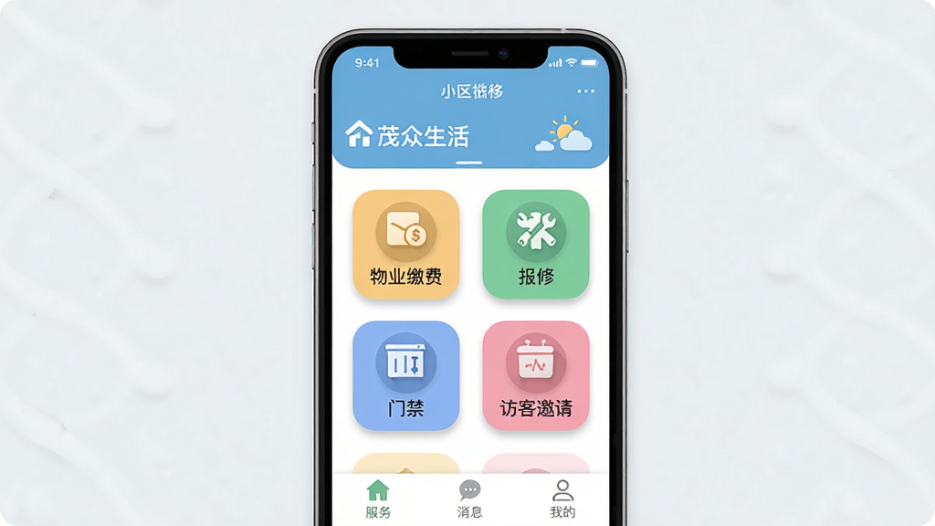 一张手机屏幕展示“茂众生活”应用主界面的图片,主体是手机和App界面,布局是手机居中,界面顶部显示小区名称和天气,中间是物业缴费、报修、门禁、访客邀请四个大图标,底部是服务、消息、我的三个标签,排版简洁,风格现代扁平化,细节上图标圆润有微阴影,画质清晰,干净,无多余元素