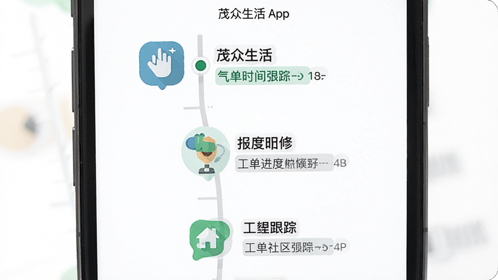 一张展示“茂众生活”App报修工单跟踪界面的图片,主体是手机屏幕显示工单进度时间轴,布局是时间轴从上到下延伸,排版上每个节点有图标和文字说明,风格是扁平化信息图风格,细节上进度条高亮、状态文字清晰,画质干净,无多余元素